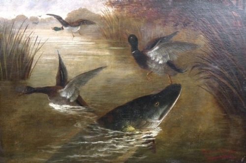A. Roland Knight: Pike Attacking Three Mallard amongst reeded bankside setting, oil on canvas, signed, in gilt frame, canvas 15 1/2" x 23 1/2" a matched pair to the above lot, (see illustration)