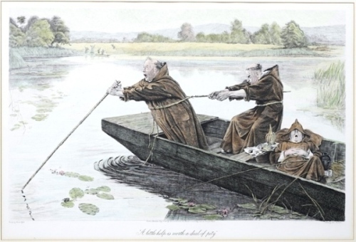 Leon Richeton: “A Little Help is Worth a Deal of Pity" coloured etching of an amusing scene of three monks fishing from a punt, after Frank Hyde, pub. Samuel Coombes, 1895, framed and glazed, image 14 1/2" x 22 1/4"