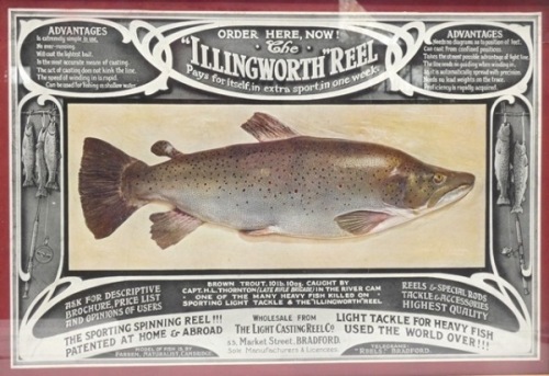 An Illingworth paper sales advertisement for the Illingworth Casting reel, central trout vignette, framed and glazed, 12" x 17" overall and a black and white engraving of “The Enthusiast", framed and glazed, 14" x 15 ¾" overall (2)