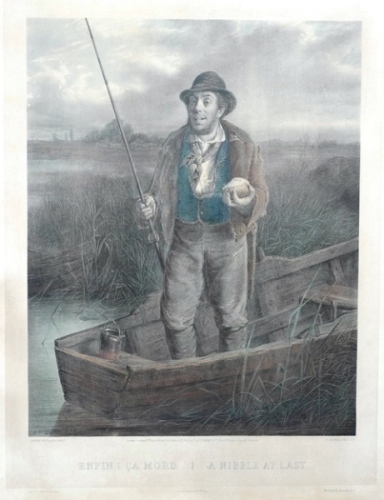 Erskine Nicol: “A Nibble at Last" coloured lithograph by Desmaisons, pub. Pilegram & Lefevre, 1874, in gilt slipped burr walnut frame, 27" x 21 1/2" overall