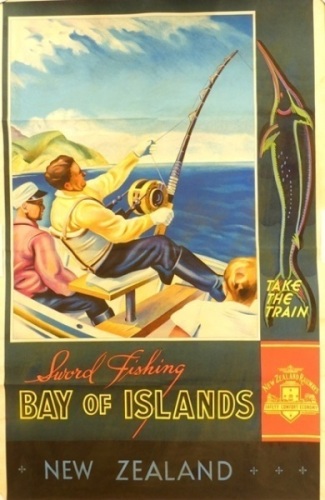 A rare vintage New Zealand Railways “Sword Fishing, Bay of Islands, New Zealand – Take the Train" poster advertisement, colour image by artist Edward John Evelyn Holmwood (1910-1987) depicting figures in a boat with angler playing a swordfish in big game