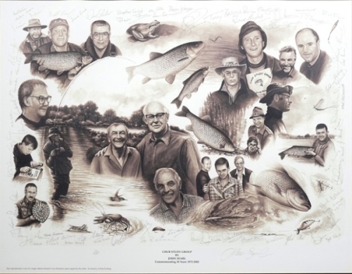 Searl J.: Chub Study Group, limited edition print 11/100, sepia portraits of members, pencil signed, framed and glazed, image 16 ¾" x 21 ¾" and Searl J.: Study of two Chub, col. print, pencil illustration and signed to mount with personal dedication, fra