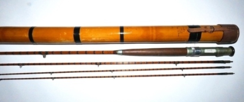 Halford’s own Hardy “Halford" 3 piece (2 tips) cane trout fly rod, 9’6", broad crimson inter-whipped banding, nickel silver reel seat with sliding alloy ring, ebony and nickel silver butt cap with reversible spear, agate lined stripping guide and tip ring