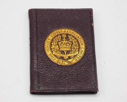 F.M. Halford’s C.S.S.A. membership card, the red rexine folding booklet with gilt stamped company emblem to cover, interior with two applied printed panels detailing the Civil Service Supply Assoc. address details and rules of use, ink signed F.M. Halford