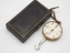 F.M.H.’s brass spring balance fish scale, contained in original velvet and silk lined rectangular black rexine case and with circular brass cased paper dial ink detailed 0-5lbs graduations, blued steel arrow indicator, steel hook and brass loop eye, circ - 2