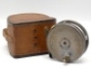 A Hardy Perfect 3 1/8" trout fly reel and block leather case stamped C.F.H., ebonite handle, brass foot, milled rim tension screw and Mk.II check mechanism, reel block engraved “H.B.T.", light wear from normal use, circa 1930 - 3