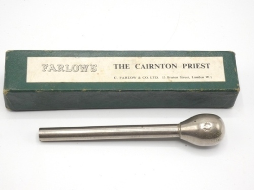 A Farlow Cairnton trout fisher’s priest, white metal priest with weighted pear shaped head, stamped maker’s details and cylindrical hollow shaft, lacking terminal knop, in later Farlow Cairnton green card box