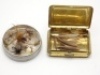 A Hedges alloy circular snuff tin holding twelve various trout dry fly patterns believed to have been tied by F.M.H. and a gilt metal rectangular lidded fly box with applied paper label “Pinion Hackles" in F.M.H.’s hand writing and containing ten hackles - 2