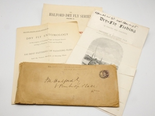 A small collection of printers ephemera relating to various Halford books comprising; a Sampson Low pre-publication publicity leaflet for Dry-Fly Fishing, with ink annotation from R.B. Marston, rear detachable order form (loose), a Vinton & Co. pre-public