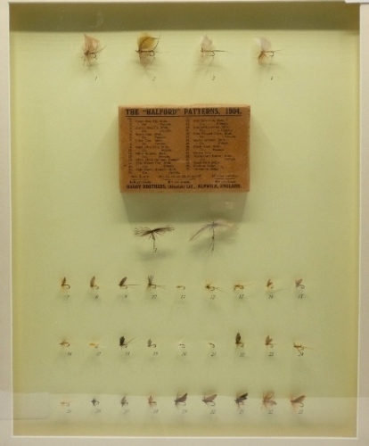 A framed display of Hardy Halford No.4 Pattern trout flies, the thirty three flies mounted on recessed card backboard with printed card metal edged box detailing pattern details, 19" x 16" overall