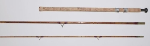A George Howell “Kennet Perfection" 2 piece cane float rod, 11’6", built on Chapman’s cane, crimson inter-whipped, detachable handle with sliding alloy reel fittings, stand-off rings, suction ferrules, little used condition, in bag