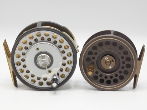 A Hardy Golden Prince 5/6 trout fly reel, brown anodised finish, spring drum latch, rear milled spindle tension adjuster, as new condition and a Hardy Husky Multiplier sea-trout reel, ebonite handle on raised drive plate, ribbed brass foot “U" shaped lin
