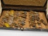 A very rare early Hardy black japanned rectangular salmon fly reservoir, interior fitted with cork fly bars to base and chamois leather bordered rectangular felt pad to lid interior, holding a collection of fifty two Victorian gut eyed salmon irons inclu - 3