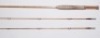 A J.K. Wheeldon “Q3 Quadrate" 2 piece (2 tips) square section flamed cane brook trout fly rod, 7’9", #5, crimson silk wraps, olivewood reel seat and sliding nickel silver reel fitting, suction joint, , serial no. 0202 16799, makers own rod, in bag