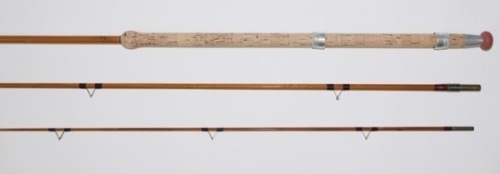 A B. James “Olympic" 3 piece cane float rod, 11’4", crimson silk wraps, sliding alloy reel fittings, stand-off rings, “onion" cork handle, suction joints, London transfer label, good overall condition and a rarely seen model, in bag