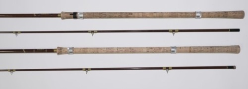 A Hardy “Richard Walker Carp No.1" 2 piece glass fibre carp rod, 10’, green/black tipped whippings, siding alloy reel fittings, spigot joint, agate lined butt ring and a similar Hardy “Richard Walker Carp" 2 piece glass fibre rod, 10’, in bags (2)