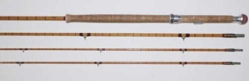 A Hardy “Wye" 3 piece (2 tips) cane salmon fly rod, 12’6", crimson silk inter-whipped, sliding alloy screw grip reel fitting, lockfast joints, 1959, in bag