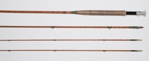 A Hardy “Tournament" 3 piece (2 tips) cane trout fly rod, 10’6", green silk inter-whipped, alloy screw grip reel fitting, reversible butt spear, lockfast joints, 1936, some crazing to varnish, in bag and will alloy screw cap tip tube