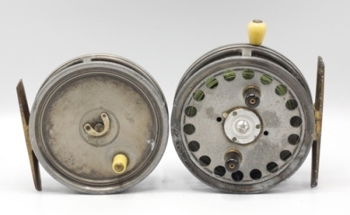 A Hardy Uniqua 3 5/8" trout fly reel, ivorine handle, brass foot, nickel silver horseshoe drum latch, fixed Mk.I check, backplate stamped early check details, used condition, circa 1918 and a Hardy Silex No.2 3 ¾" bait casting reel, twin ebonite handles,