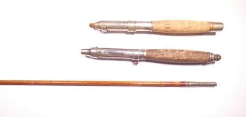 A scarce H.L. Leonard built cane bait casting rod – ex W.D. Coggeshall collection, 5’3 1/2", crimson silk inter-whipped, detachable 9 1/4" cork handle with nickel silver sliding reel fitting, stamped “The H.L. Leonard Rod, Leonard & Mills Co., Makers", o