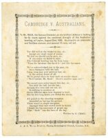 'Cambridge v. Australians' 1886. Penny card written by 'A. Craig' (Albert Craig, Surrey Poet) and published by J. & F. Wood, Printers, Facing Kennington Church, London, S.E.. Poem in four stanzas of six lines each, written 'To Mr. [C.W.] Rock, the famous 