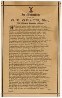 'In Memoriam of the late G.F. Grace, Esq. The Celebrated Gloucester Cricketer' 1880. Poem by 'B.W.', assumed to be Billy Whittam, printed on card comprising seven stanzas of six lines each. Publisher unknown. 5.5"x9", the card trimmed. Age toning and some