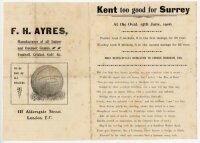 'Kent too good for Surrey at the Oval, 15th June, 1906... Most respectfully dedicated to George Marsham, Esq.'. Folding rhyme sheet comprising a forty line poem by 'A.C., Cricket Rhymster' (Albert Craig, Surrey poet) and advertisements, for the match play