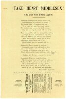 'Take Heart Middlesex! The Sun Will Shine Again.' 1902. Single page rhyme sheet comprising a poem in four stanzas of six lines each by 'A.C., Cricket Rhymster' (Albert Craig, Surrey poet) and advertisements. It is not known to which match the poem refers,