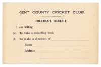Alfred Percy 'Tich' Freeman. Kent & England 1914-1936. Official Kent County Cricket Club Benefit postcard issued inviting contributors to take a collecting book or make a donation to Freeman's Benefit fund, probably 1929. Printed return address of 'Mr. La