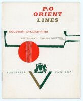 Australia tour to England 1964. Official P&O Orient Lines souvenir programme 'Australian XI English Tour 1964'. Small 16pp booklet with decorative card wrappers, Ashes emblem and cricket bat and ball motif to front cover. Very good condition - cricket