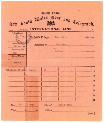 A.C. Maclaren's tour to Australia 1901/02. An original telegram received at the New South Wales Post and Telegraph Line office from Ranjitsinhji to A.C. Maclaren, date stamped 17th December 1901. The message reads, 'Congratulations repeat it'. England had