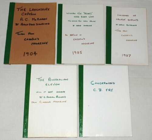 Cassell's Magazine. Early 1900s magazine extracts. Five original magazine articles, each tightly bound in a modern card wrapper. Articles are 'The Lancashire Captain A.C. MacLaren', Percy Cross Standing, Cassell's Magazine 1904. 'The Australian Eleven. Wi