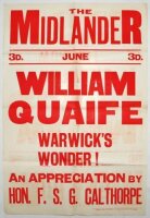 William Quaife. Warwickshire, London County & England 1894-1928. 'William Quaife. Warwick's Wonder! An appreciation by F.S.G. Calthorpe' 1927. Large original poster for 'The Midlander' magazine advertising an article on Quaife to appear in the magazine. P