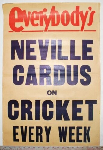 Neville Cardus. Original poster for 'Everybody's' magazine announcing 'Neville Cardus on Cricket Every Week'. 1950s. 20"x30". VG - cricket