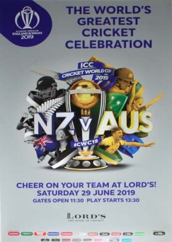 Cricket World Cup England and Wales 2019. Three official Lord's posters for group stage matches played in the 2019 World Cup. Pakistan v South Africa, 23rd June (Pakistan won by 49 runs), England v Australia 25th June (Australia won by 64 runs), and New Z