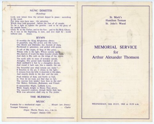 Arthur Alexander 'Tommie' Thomson. Cricket writer 1894-1968. Official order of service for the memorial held for Thomson, 24th July 1968 at St. Mark's, St. John's Wood, London. Some soiling, overall in good condition - cricket<br><br>Thomson was an Englis