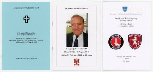 Cricket orders of service. Three original orders of service of thanksgiving for David Sheppard (Sussex & England), Chichester Cathedral, 3rd August 2005, Doug Insole (Essex & England), St. John's Wood Church, 23rd February 2017, and Derek Ufton (Kent C.C.