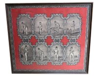 'The Dawn of Cricket'. An early colourful and wonderfully striking printed cotton commemorative handkerchief, featuring eight cricketers from the 19th century in scrolled mono cartouches on a vivid red and bordered background. The images of the cricketers