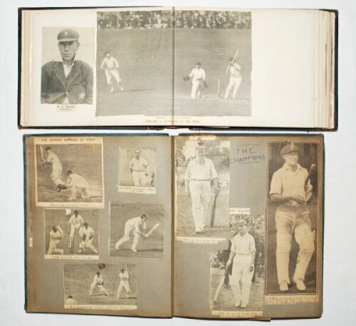 Cricket scrapbook albums 1920s-1940s. Three albums comprising press cutting images of tour matches, Test and county teams, players and grounds covering Australia in England 1926, New Zealand in England 1927, M.C.C. tour to South Africa 1927/28, University