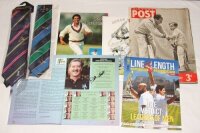 Cricket selection. Box comprising a selection of ephemera. Contents are two official England ties for Test series v Pakistan and India 1996, and NatWest Series 2009. A silver plate 'Presidents Cup' trophy, 11" tall. Three hardback books, 'Lord's Taverners