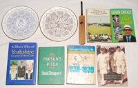 Mixed cricket ephemera. Box comprising a selection of ephemera including six books, three signed by the author and others, 'Parson's Pitch', David Sheppard 1964, 'Learn Cricket With Geoff Boycott' 1994, 'A Who's Who of Yorkshire C.C.C.', Tony Woodhouse 19