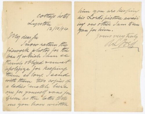 Alfred Lawson Ford to Alfred J. Gaston, cricket follower, writer and collector. Two page handwritten letter in ink to Gaston from Alfred Lawson Ford, dated '13/10/[18]94', originally from Gaston's own collection. Ford is returning loaned 'firework photos'