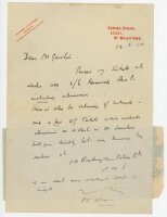Pelham Frances 'Plum' Warner, Oxford University, Middlesex & England 1894-1920, to Alfred J. Gaston, cricket follower, writer and collector. Single page handwritten letter in ink to Gaston from Warner, written on Caring House, Leeds, Nr. Maidstone letterh