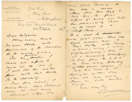 A.W. Shelton to Alfred J. Gaston, cricket follower, writer and collector. Two page handwritten letter from Shelton on his estate agency letterhead in King Street, Nottingham, dated 24th September 1907. Shelton is replying to a letter thanking Gaston for '