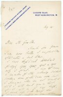 E.B. Noel to Alfred J. Gaston, cricket follower, writer and collector. Two page handwritten letter from Noel on Queen's Club, West Kensington letterhead, dated 'Aug 14'. Noel writes to say 'I have duplicate Wisdens of 1896, 1901, 1905, 1908 & 1911 [and] a