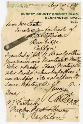 C.W. Alcock to Alfred J. Gaston, cricket follower, writer and collector. Single page handwritten letter from Alcock on Surrey C.C.C. letterhead, dated 'Aug 29 1901'. Alcock writes enclosing 'portraits' of Burbidge, Caffyn and one other and also refers to 