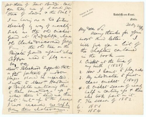 Richard Parr Daft (Nottinghamshire, 1 match 1886) to Alfred J. Gaston, cricket follower, writer and collector. An interesting collection of correspondence, originally from Gaston's personal collection, written by Daft, son of Richard Daft (Nottinghamshire