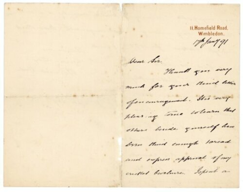 Bernard Dale, writer, to Alfred J. Gaston, cricket follower, writer and collector. A three page handwritten letter from Dale to Gaston, dated 17th January 1891, written from his home in Wimbledon. Dale thanks Gaston for his 'kind letter of encouragement..