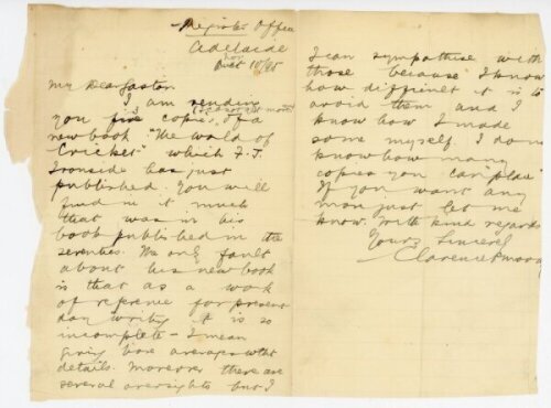 Clarence P. Moody to Alfred J. Gaston, cricket follower, writer and collector. A two page handwritten letter from Moody to Gaston, dated 10th November 1895. Writing from Adelaide, Moody is sending copies of a newly published book by F.J. Ironside, of whic