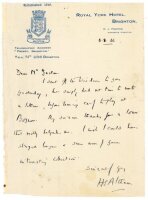 Harry Surtees Altham. Oxford University, Surrey & Hampshire 1909-1923. Single page handwritten letter to Alfred J. Gaston, cricket follower, writer and collector, on Royal York Hotel, Brighton letterhead, dated 5th August 1926. Altham writes to thank Gast
